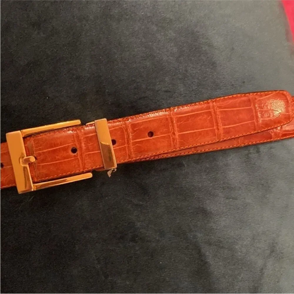 David Eden Brown Crocodile skin Belt with Gold Buckle, L 42 inch
